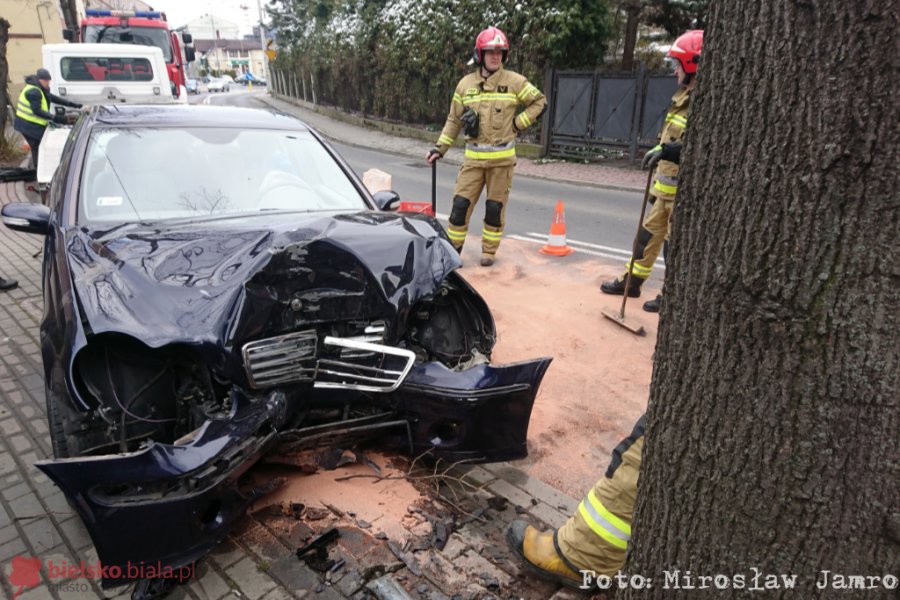 Koniec jazdy na drzewie. 22-latek rozbił mercedesa swojego ojca - foto