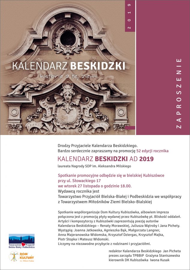 Zaproszenie na promocję Kalendarza Beskidzkiego 2019.