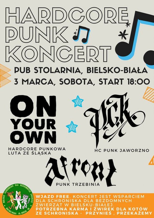 Hardcore punk koncert: On your own, PCK, Afront